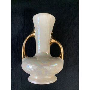 Lusterware Iridescent Ceramic Bud Vase Pearl China Double Gold Handle 1930s Vtg